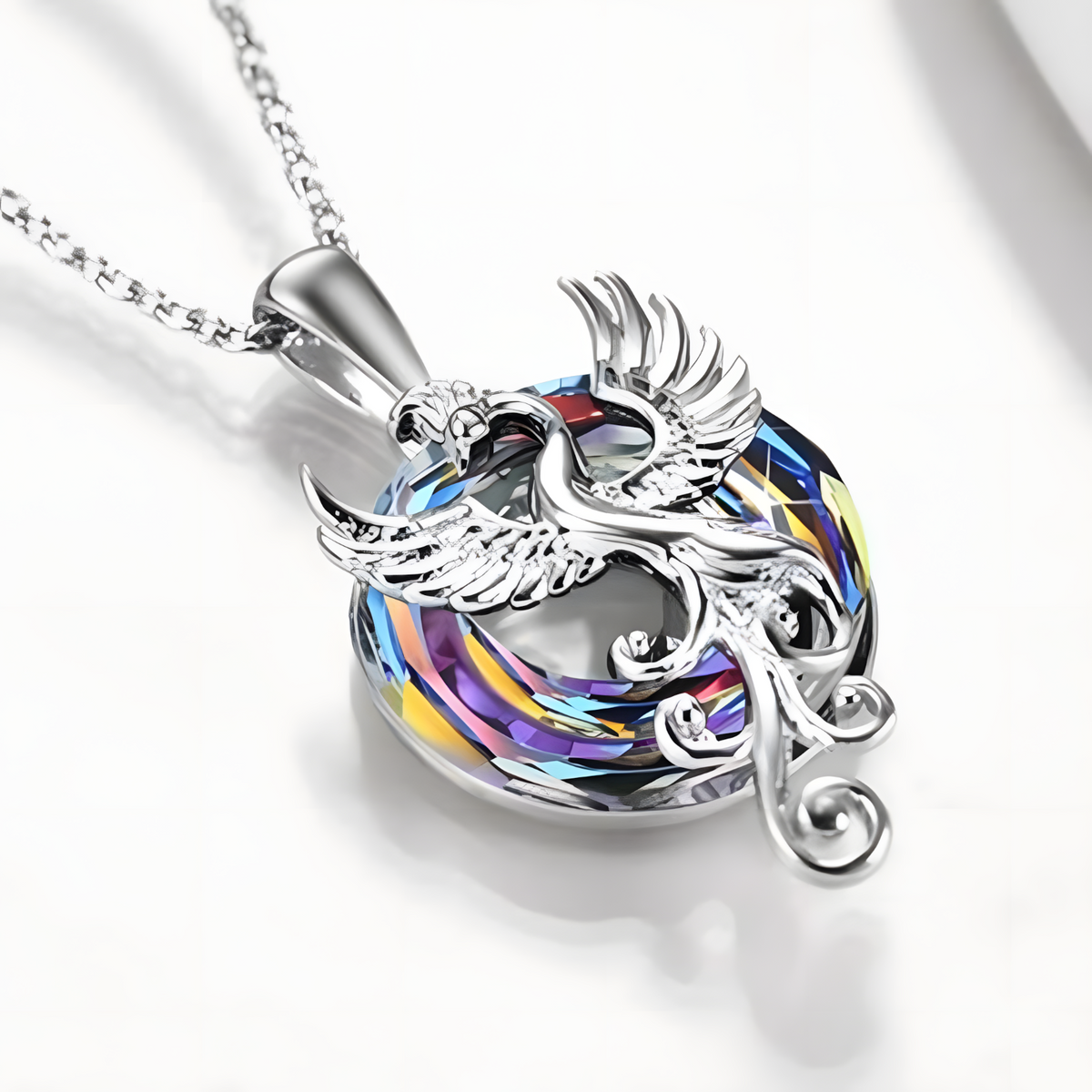 Stainless Steel Phoenix Pendant Necklace Women, Multicolor Crystal Circle 1256