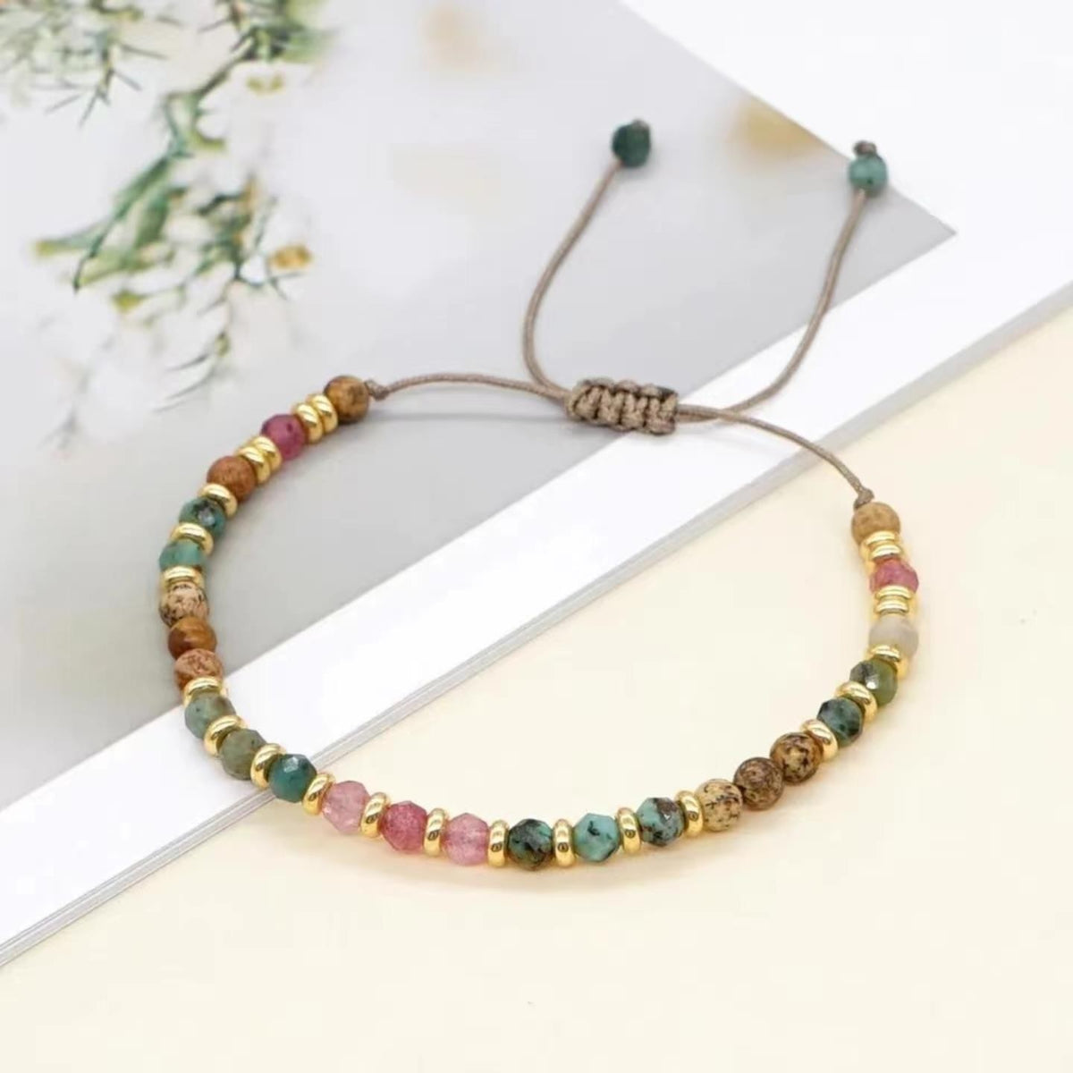 Multi-Colored Semi-Precious Stone Bracelet Women; Adjustable Macrame Rope 656