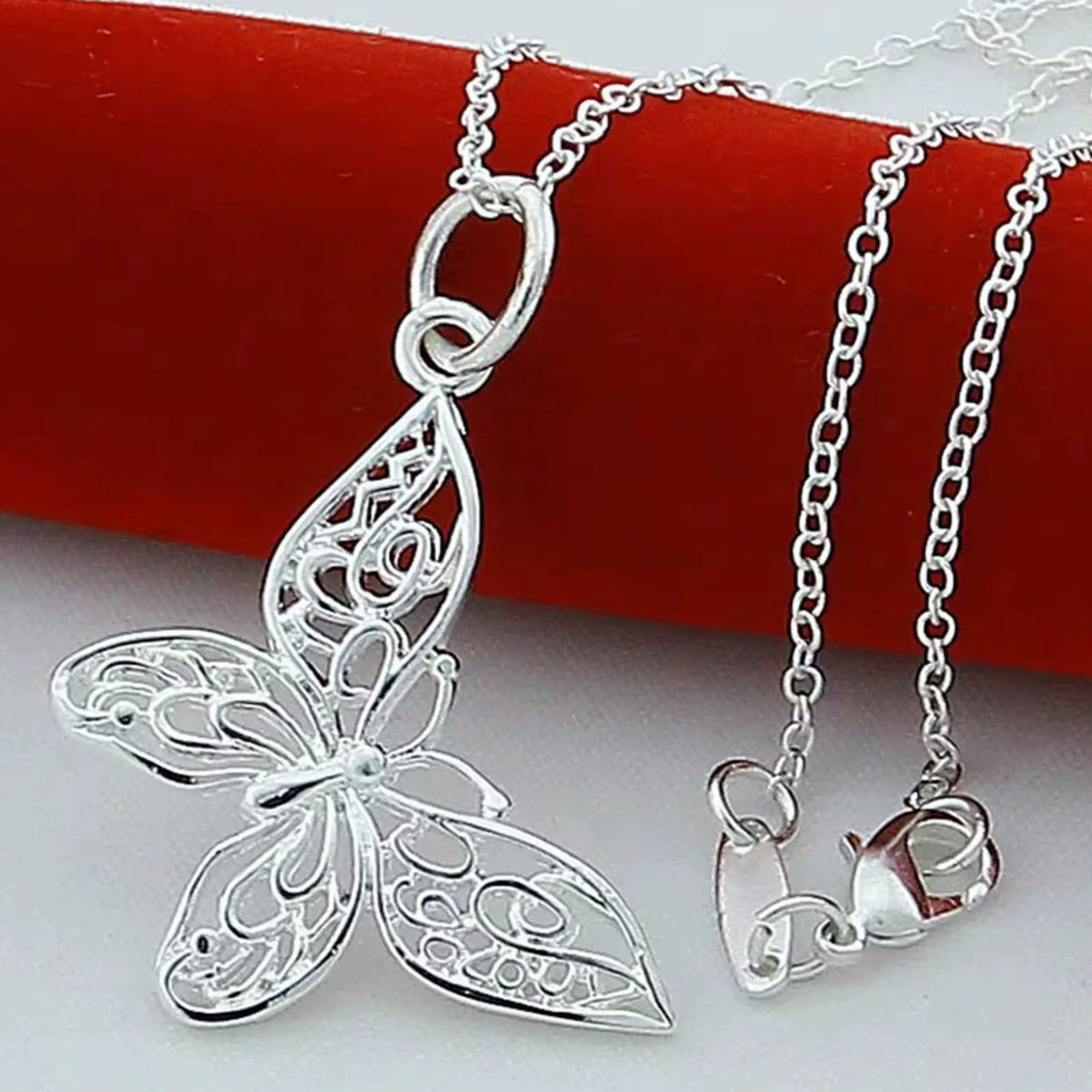 Silver Plated Butterfly Pendant Necklace for Women – Copper Alloy Filigree 1135
