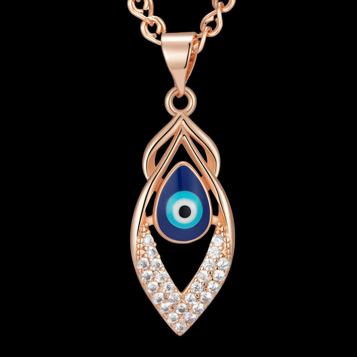 585 Rose Gold Evil Eye Pendant Necklace for Women, Blue Enamel Eye Zircon 1289