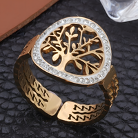 Gold Tree of Life Ring – Adjustable Stainless Steel Open Band Clear Crystal 842