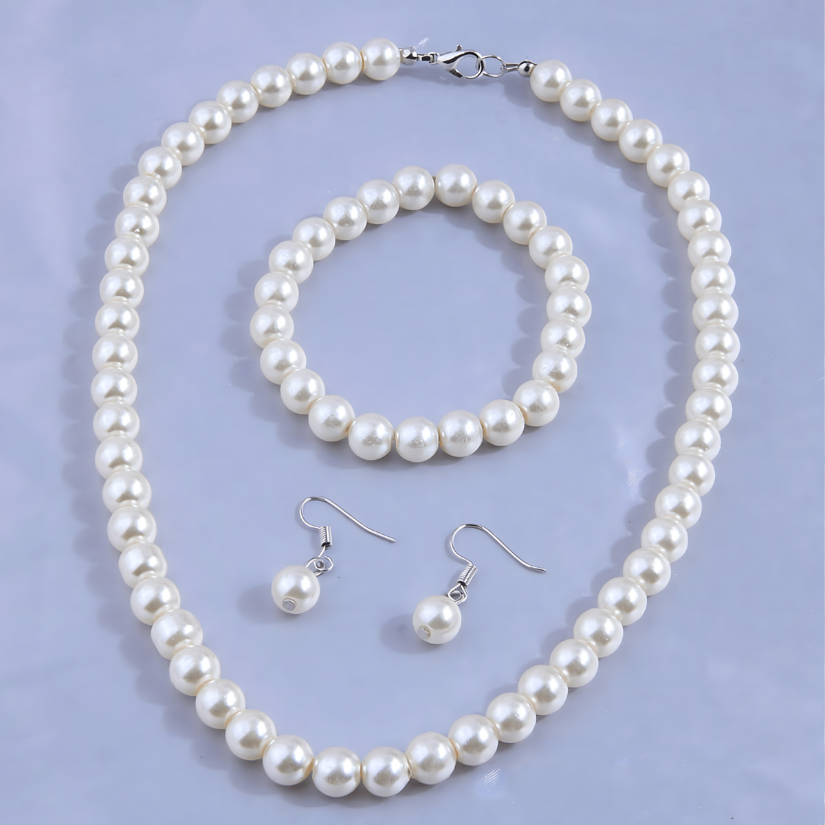 3 Piece Pearl Bead Jewelry Set - White Pearl Necklace, Bracelet & Earrings 714