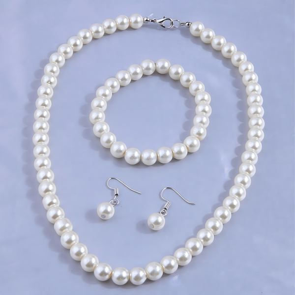 3 Piece Pearl Bead Jewelry Set - White Pearl Necklace, Bracelet & Earrings 714