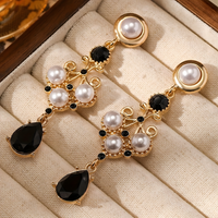 Gold Plated Drop Earrings – Black Rhinestone & Pearl Accent Vintage Earrings 738