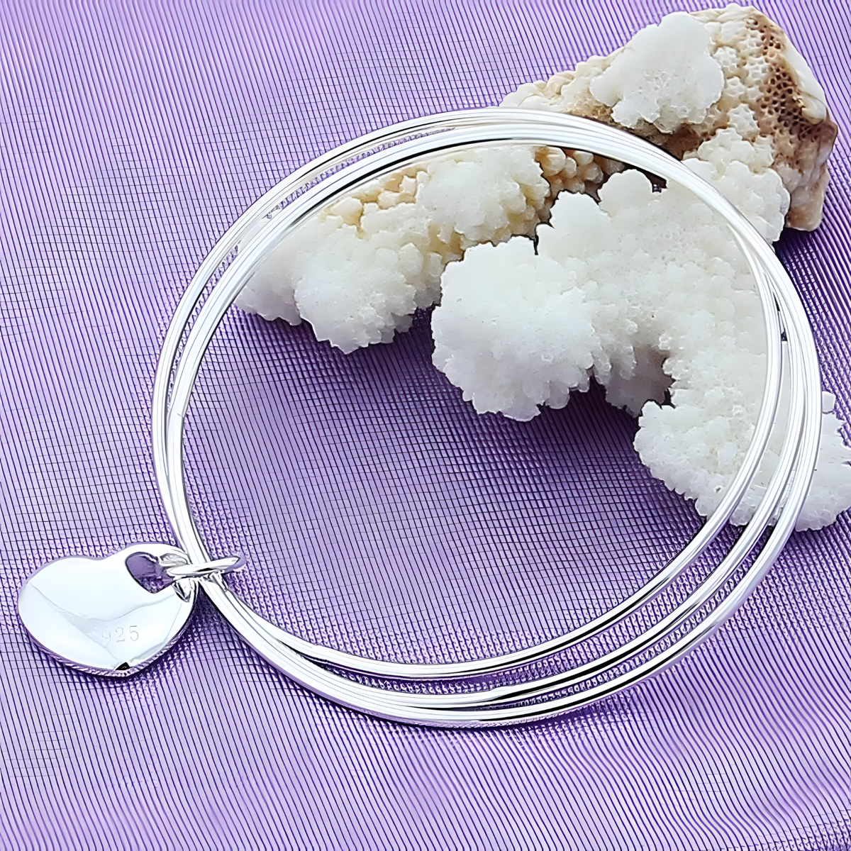 925 Sterling Silver Three Circle Bangle Bracelet with Heart Charm for Women 406