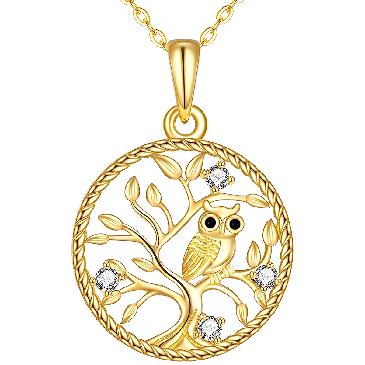 Round Gold Tone Owl Pendant Necklace – Metal Tree Of Life Design Crystal 1076