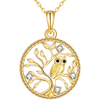 Round Gold Tone Owl Pendant Necklace – Metal Tree Of Life Design Crystal 1076