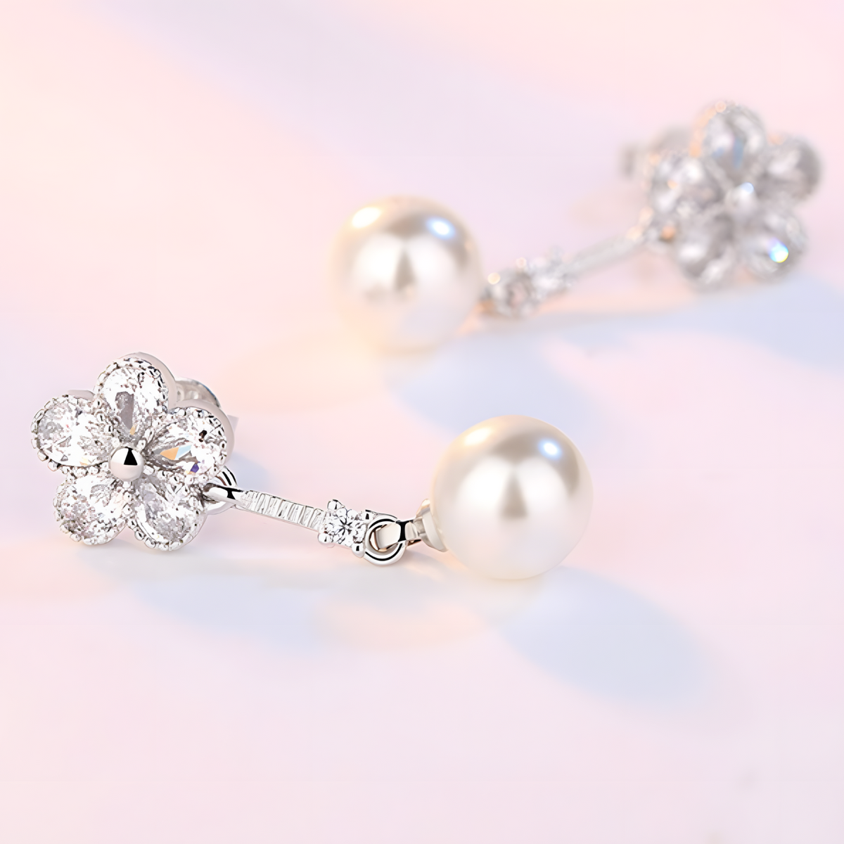 925 Silver-Plated Alloy Pearl Drop Earrings for Women – Flower CZ Crystal 996