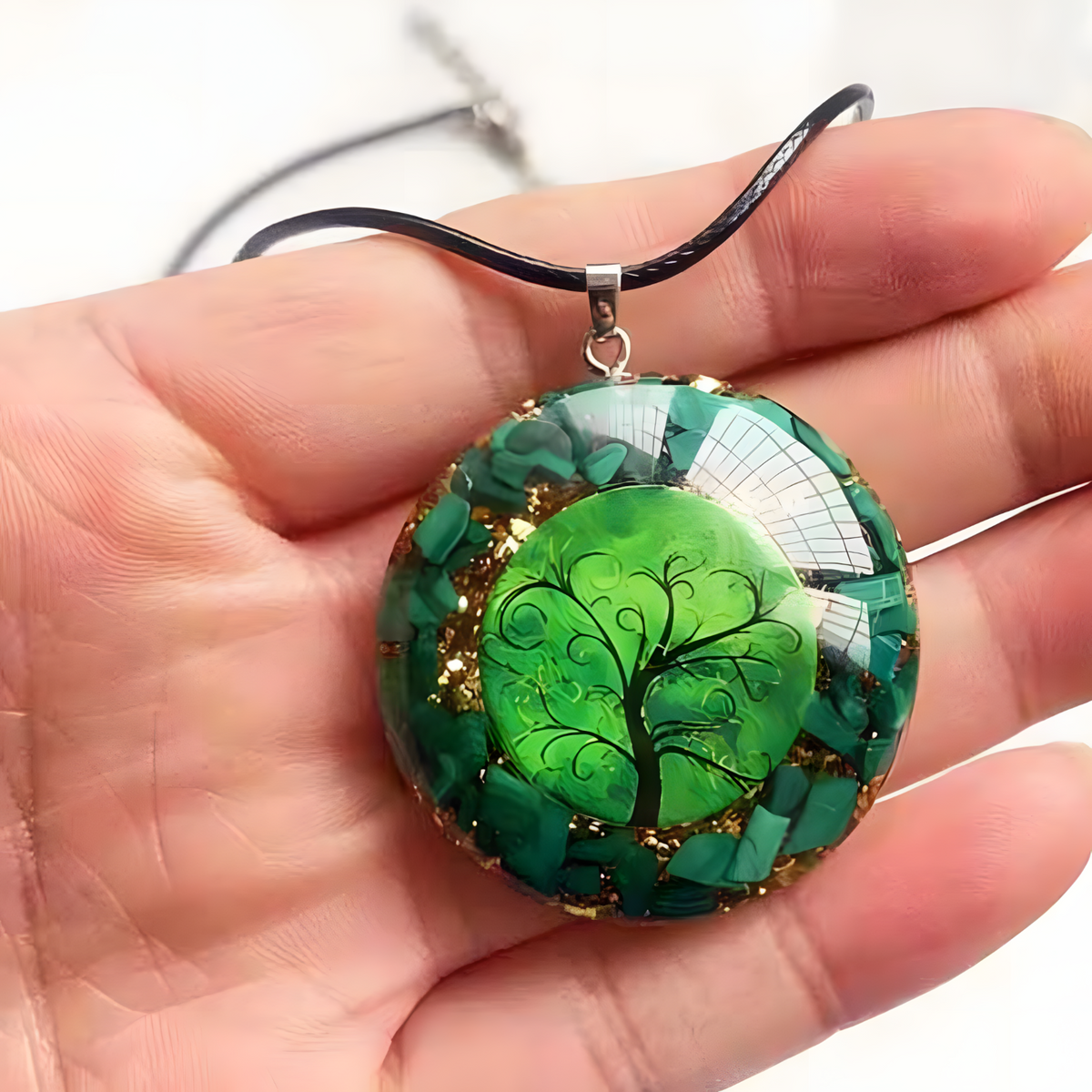 Orgonite Energy Pendant Green Malachite Tree Of Life Necklace –Resin Orgone 1075