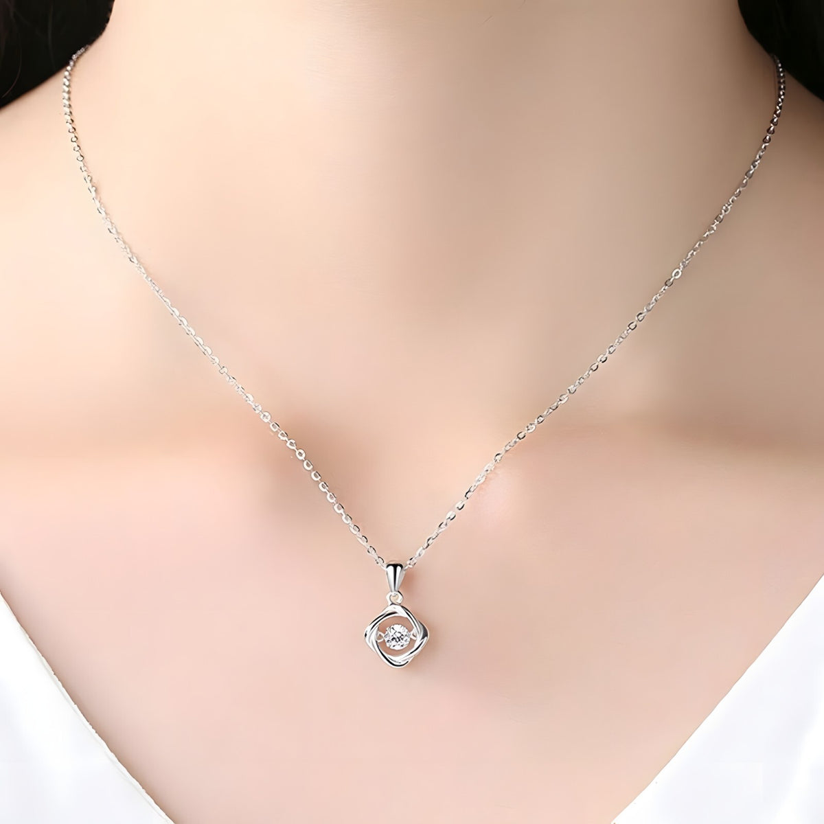 925 Sterling Silver Dancing Zircon Necklace – Twisted Pendant Charm with 5mm 274