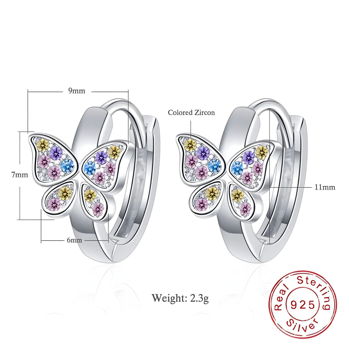 925 Sterling Silver Butterfly Hoop Earrings MultiColor Zircon Huggie 353