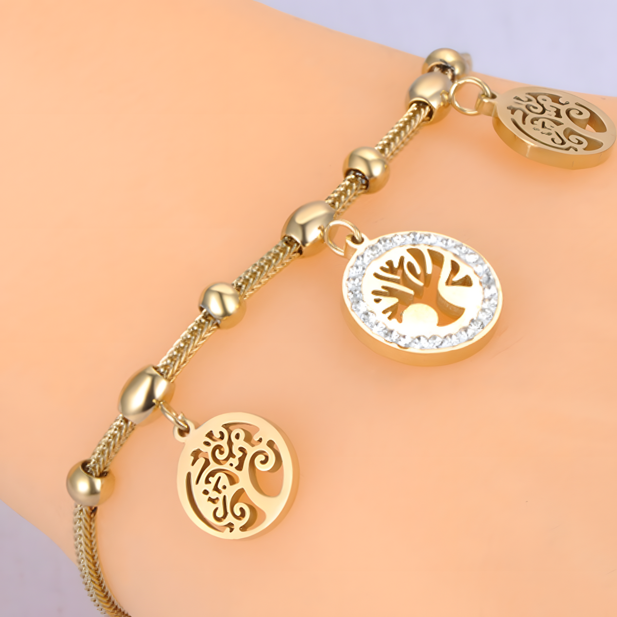 Stainless Steel Gold Plated Tree of Life Charm Bracelet Women-Rhinestone 1136