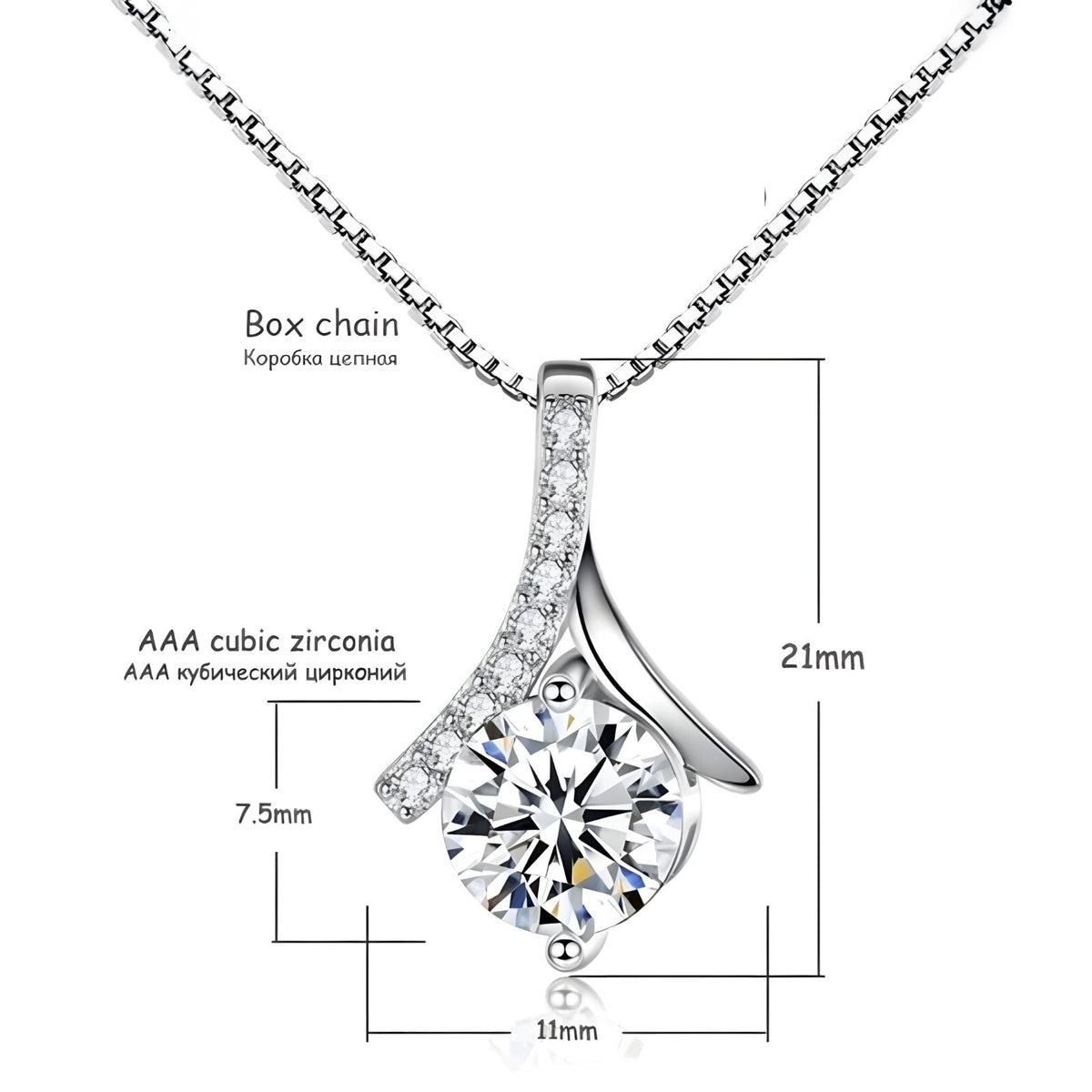 Sterling Silver Pendant Necklace for Women Real 925 Box Chain with AAA Cubic 288