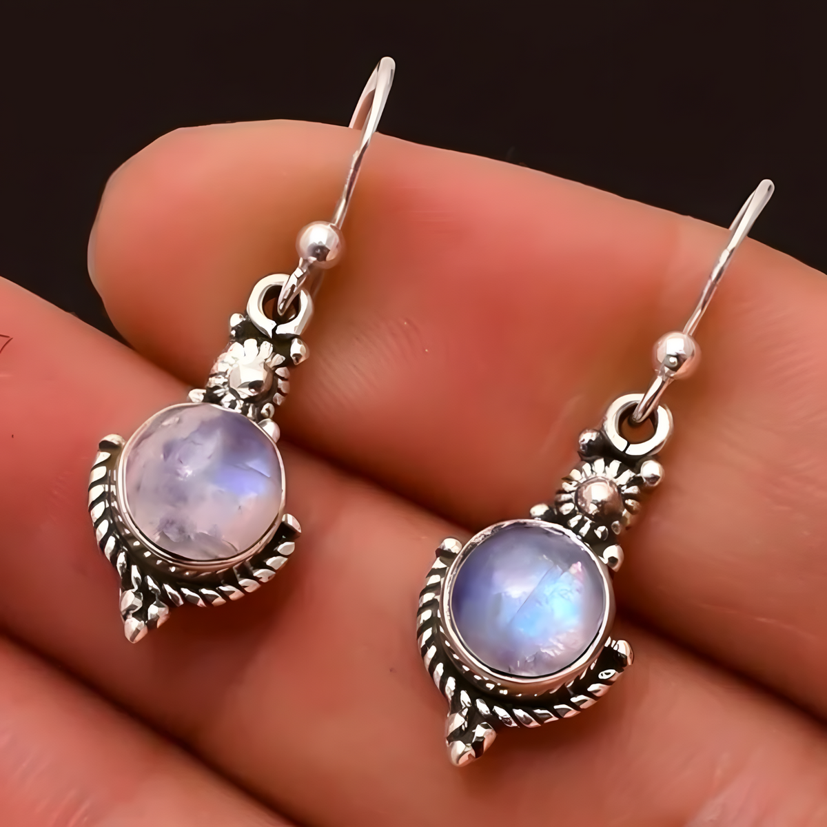Women's Bohemian Dangle Earrings with Iridescent Opalite Gemstone Vintage B110