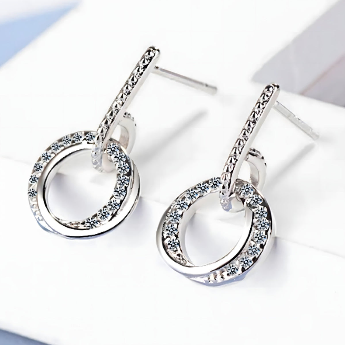 Sterling Silver Double Circle Drop Earrings with Rhinestone Accents Elegant 346