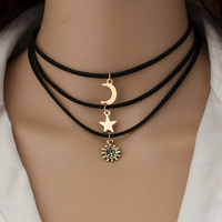 3-Piece Layered Velvet Choker Necklace Women – Moon Star Sun Pendant, Trendy 681