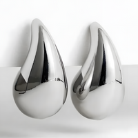Modern Polished Teardrop Stud Earrings for Women, Sleek Silver Tone 430