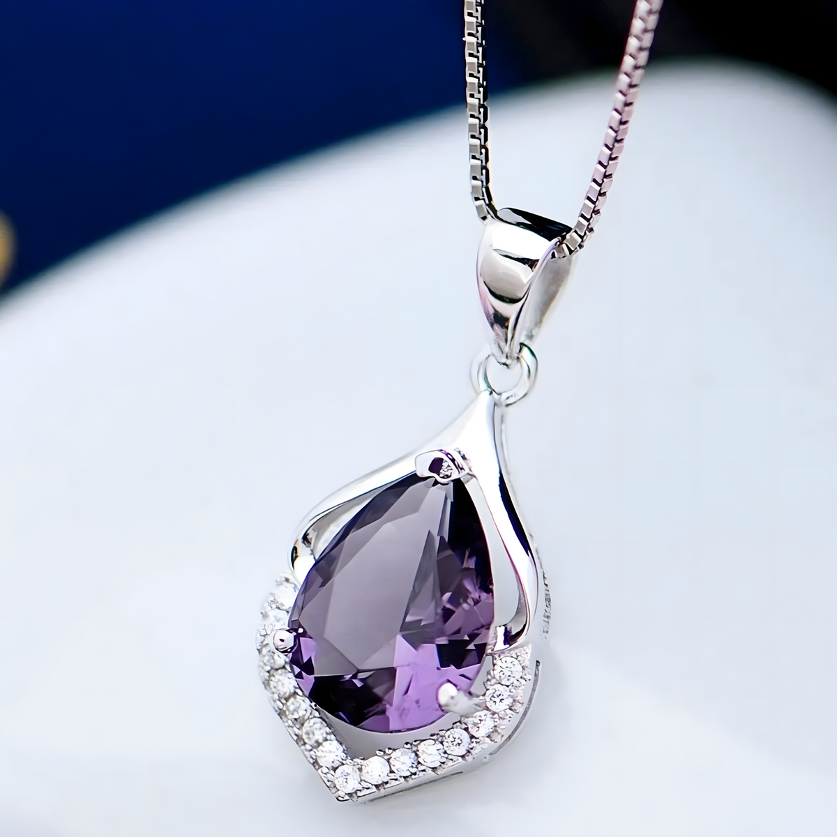 Silver Colour Water Drop Pendant Necklace for Women-Purple Crystal Teardrop 669