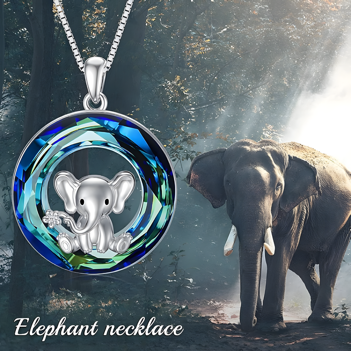 Unified Jewellery Cute Elephant Necklace Blue Crystal Circle Silver Tone B63