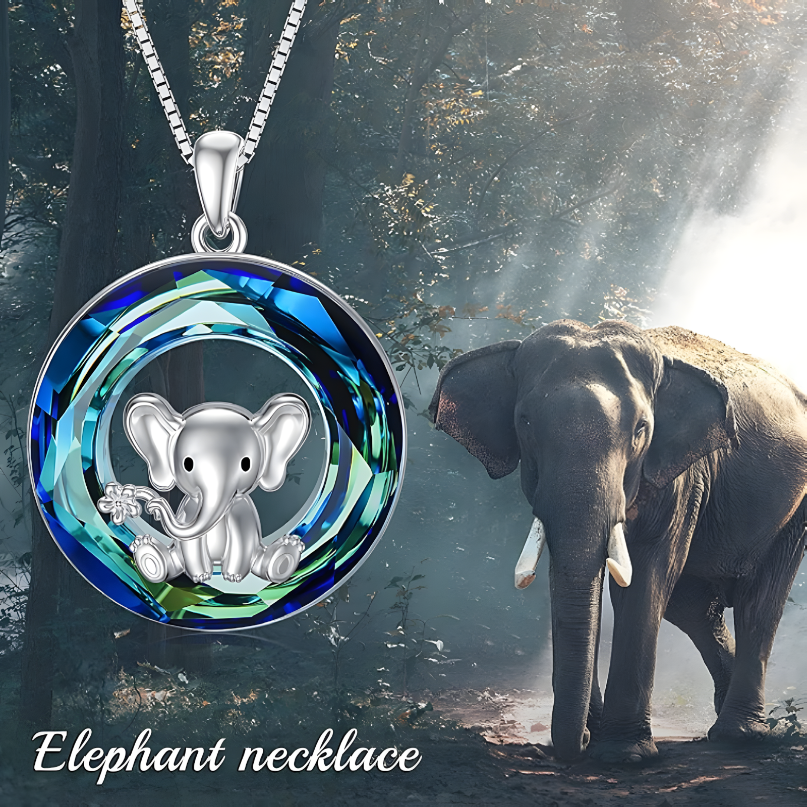 Unified Jewellery Cute Elephant Necklace Blue Crystal Circle Silver Tone B63