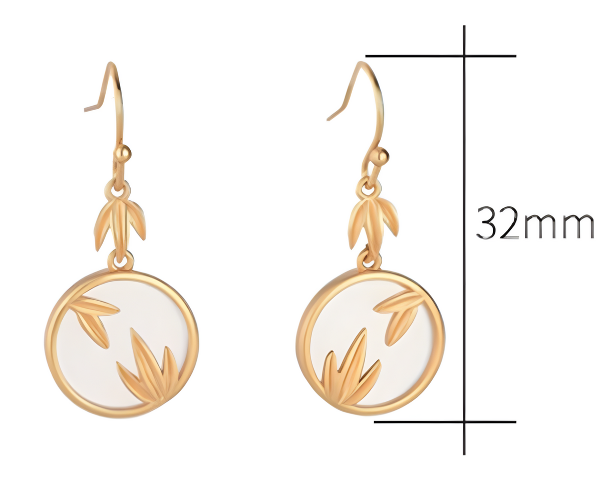Gold Tone Bamboo Leaf Drop Earrings White Inlay Nature Inspired Dangle 32mm B18
