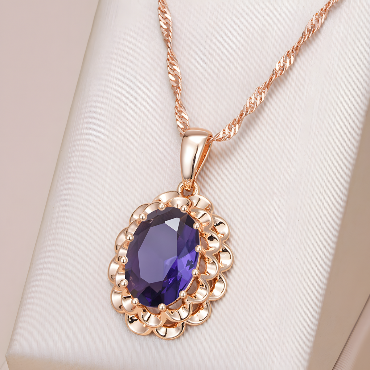 Purple Natural Zircon Pendant Necklace for Women, Copper Alloy Rose Gold 1294