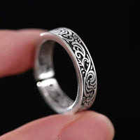 925 Sterling Silver Adjustable Vintage Scroll Band Ring, Engraved Pattern 1884