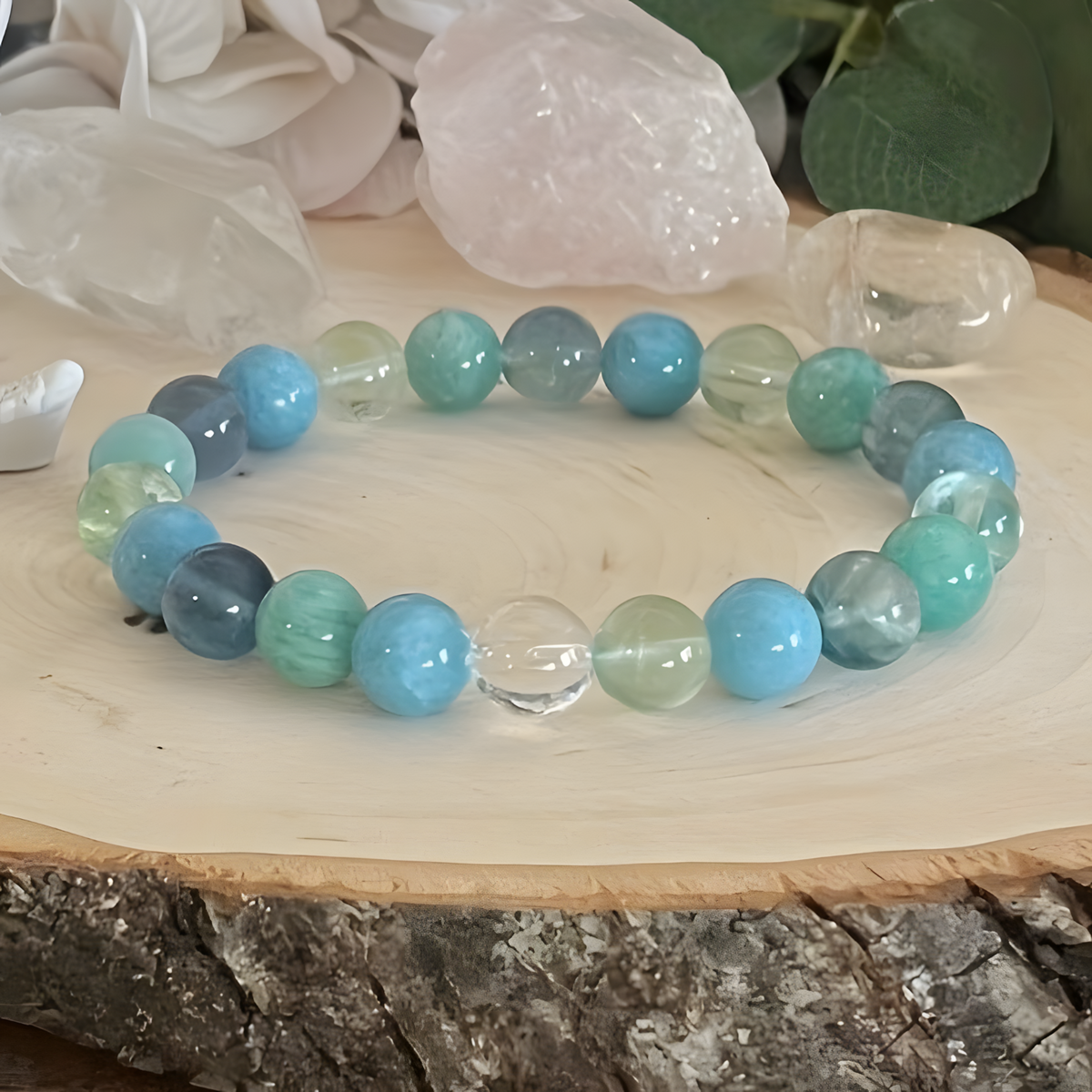 Inner Strength Bracelet-Fluorite, Aquamarine & Amazonite 8mm Beaded Stretch 1494