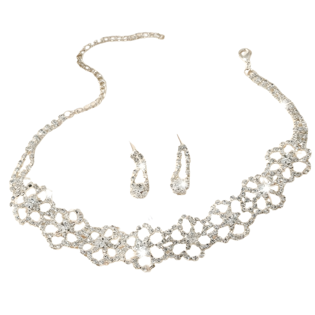 Silver Crystal Choker Necklace & Earrings Set Women – Sparkling Rhinestone 689