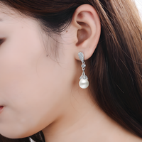 Women’s Silver-Plated Drop Earrings Sparkling Cubic Zirconia & Pearl 908