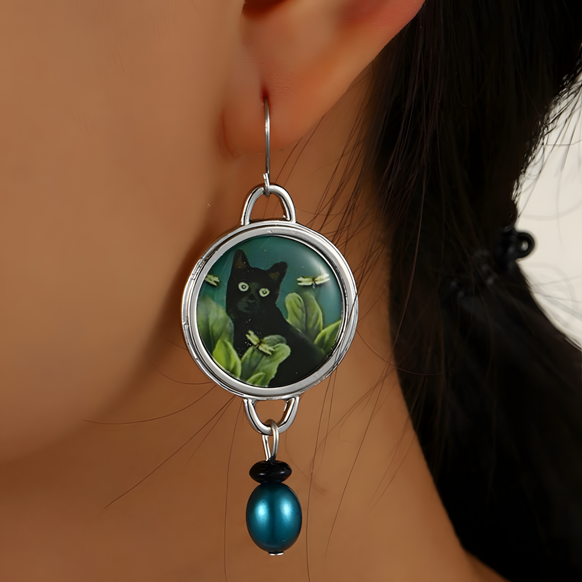 Black Cat Drop Earrings For Women Rhodium-Plated Base Metal Round Cat Motif 1461
