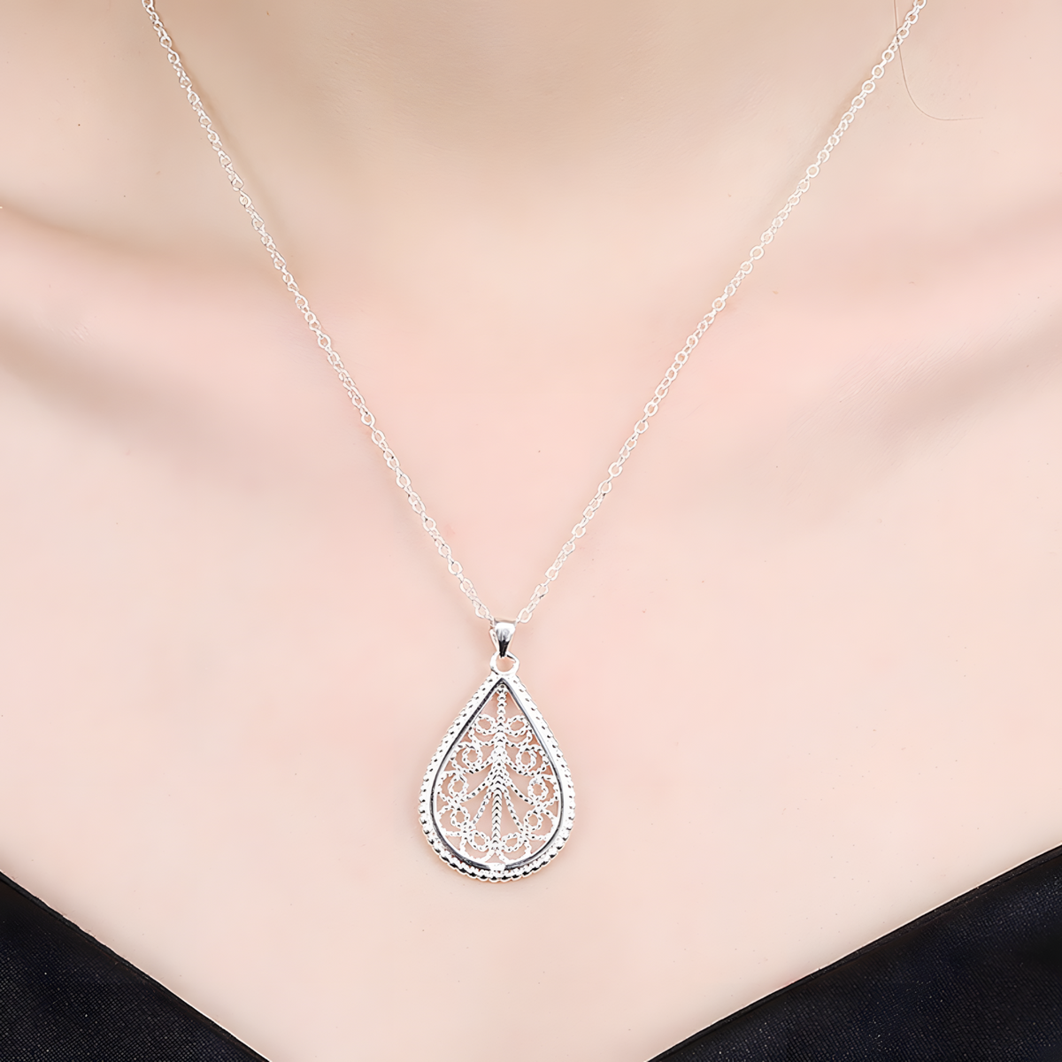 Water Drop Pendant Necklace and Earring Set-Copper Alloy 925 Silver Plating 1202