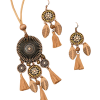 Boho Tassel Jewellery Set For Women Brown Flower Medallion Pendant Necklace 1711
