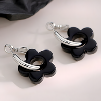 Zinc Alloy & Acrylic Flower Hoop Earrings Women – Trendy Black Retro Floral 990