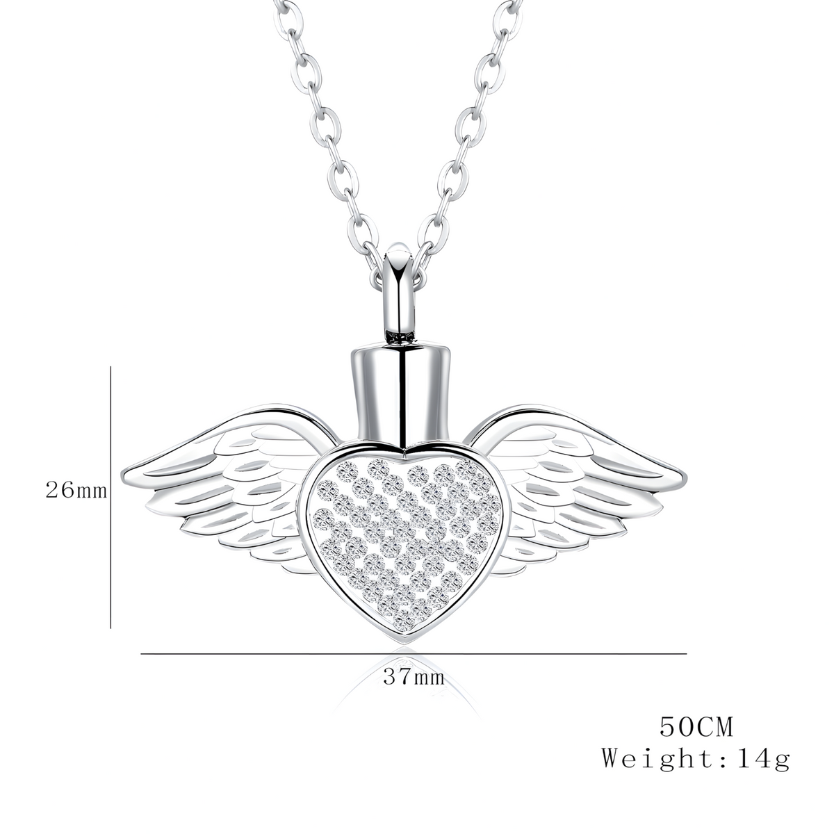 Angel Wing Heart Urn Necklace Ashes – Rhinestone Memorial Pendant,Cremation 1231