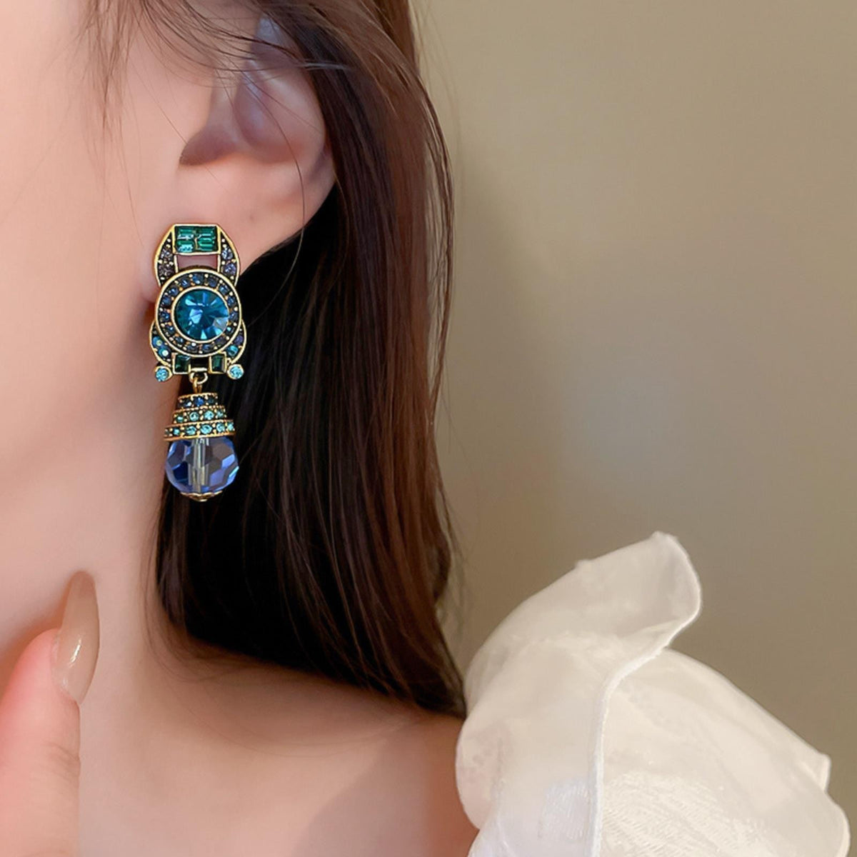 Vintage Blue Water Drop Crystal Clip Earrings Women Round Rhinestones Earing 733