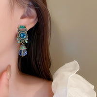 Vintage Blue Water Drop Crystal Clip Earrings Women Round Rhinestones Earing 733