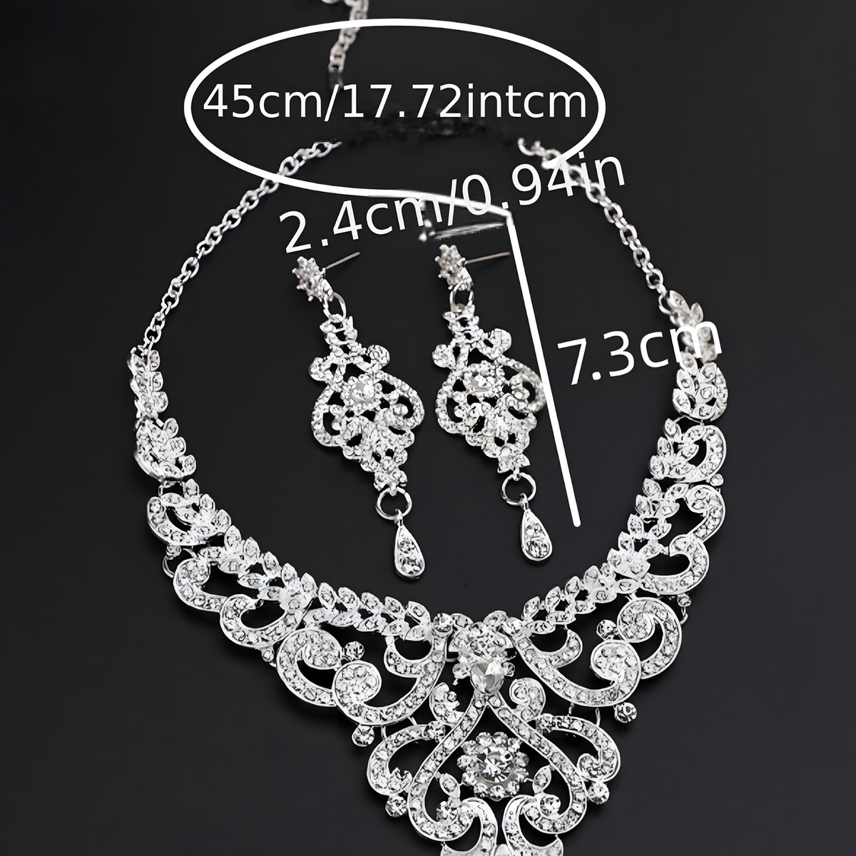 Silver Rhinestone Necklace and Earrings Set for Women – Elegant 45cm Palace 788