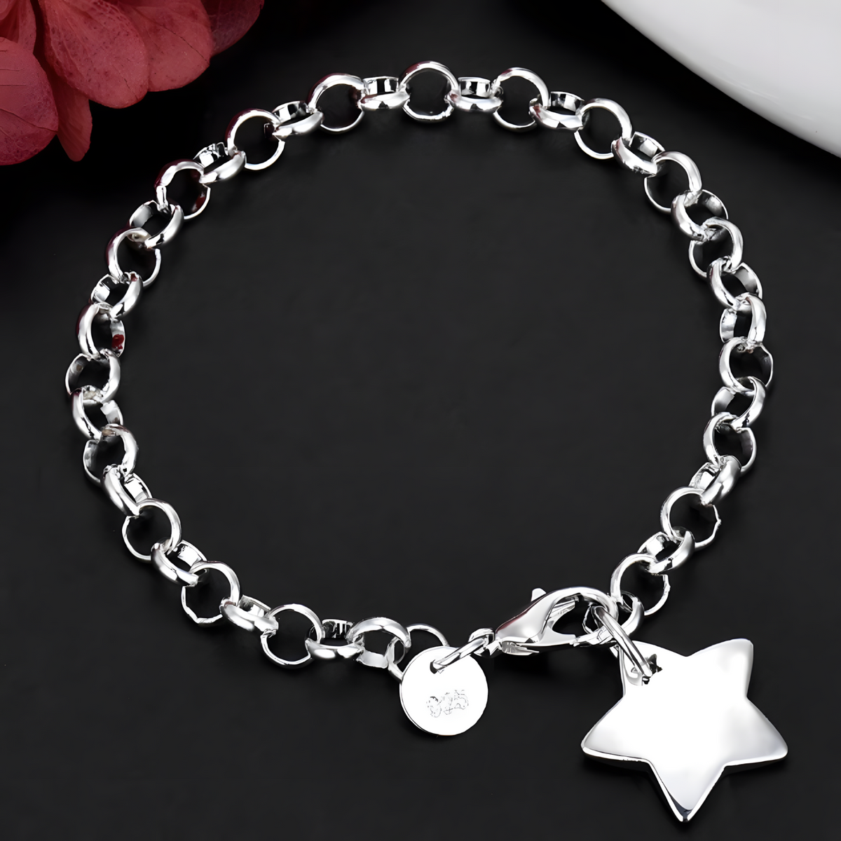 925 Silver Star Charm Bracelet For Women Link Chain Lobster Clasp Celestial 1779