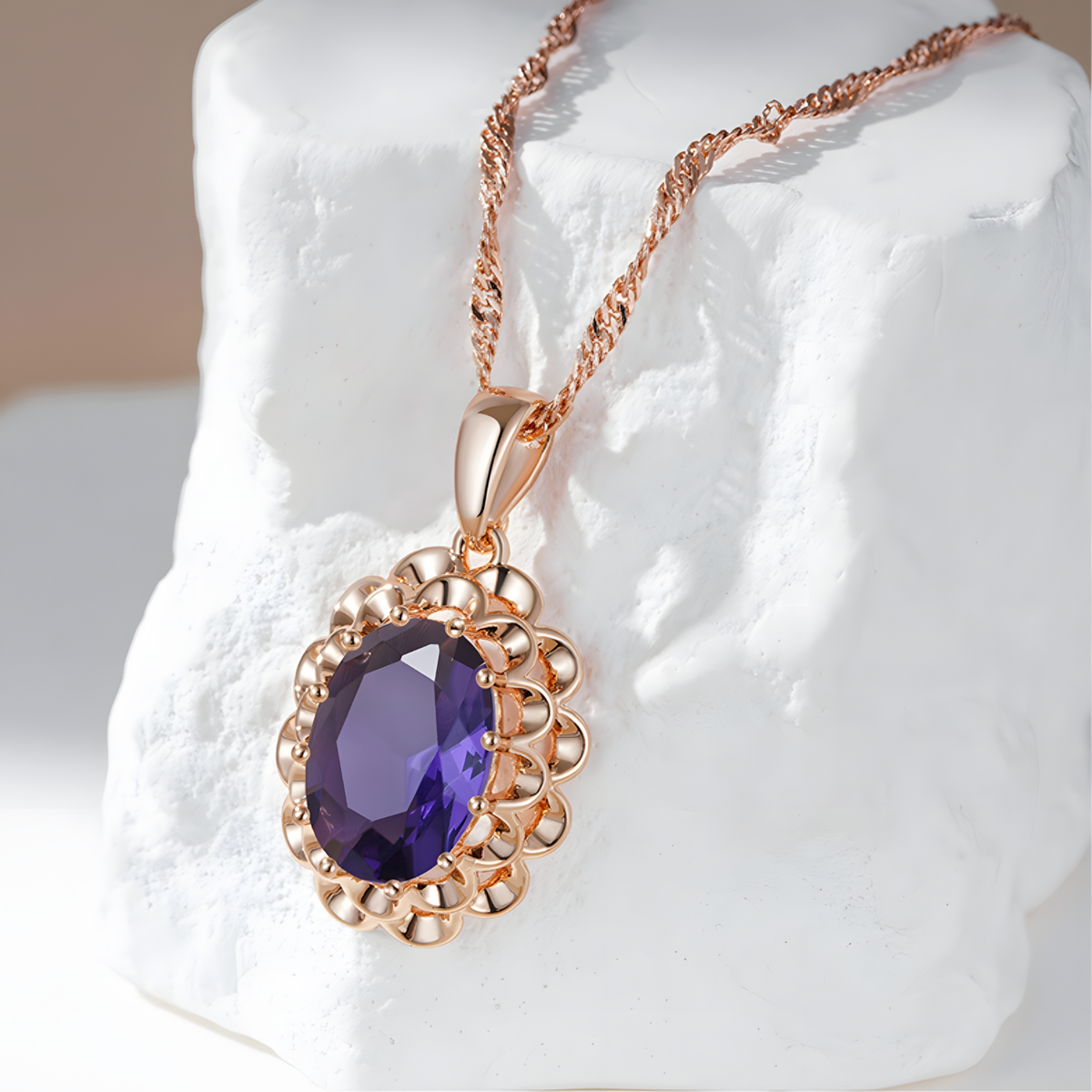 Purple Natural Zircon Pendant Necklace for Women, Copper Alloy Rose Gold 1294