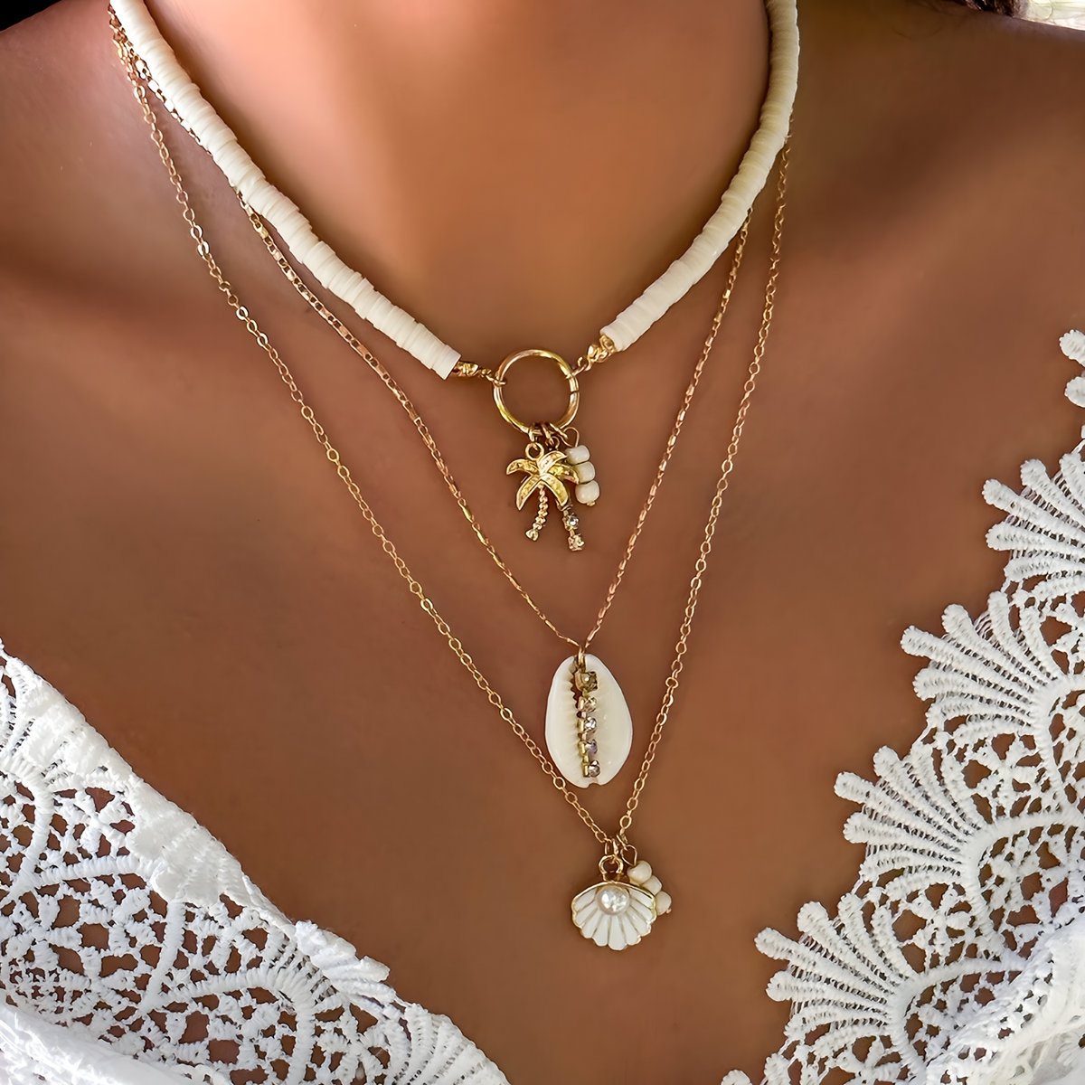 Boho Shell & Palm Layered Necklace – Gold-Tone Zinc Alloy Imitation Pearl 677