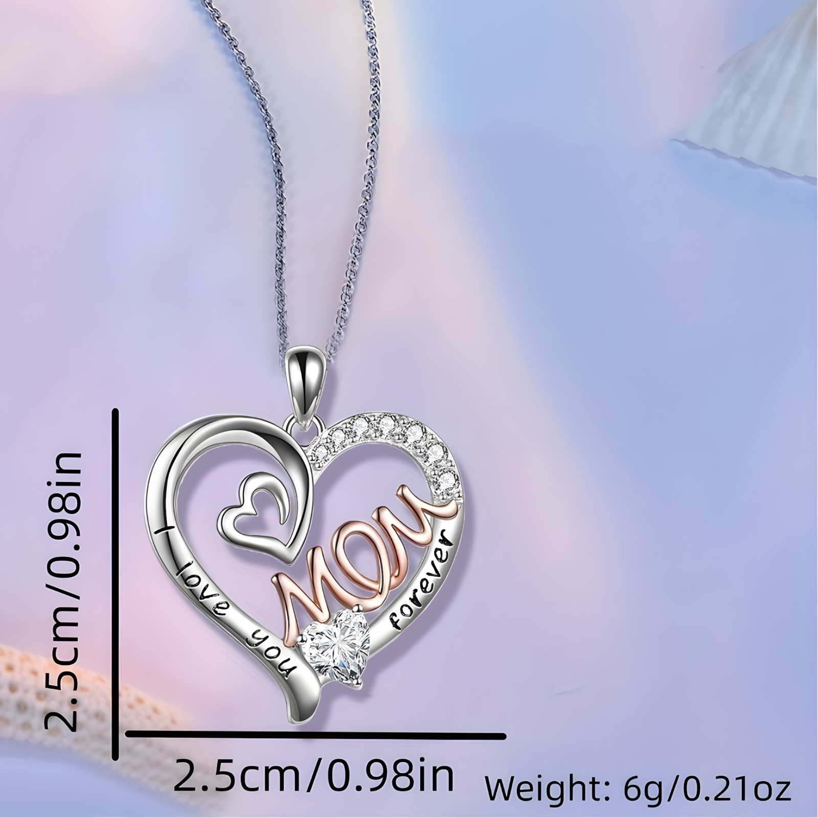 “I Love You Mom Forever” Heart Pendant Necklace for Women – Silver-Tone B88
