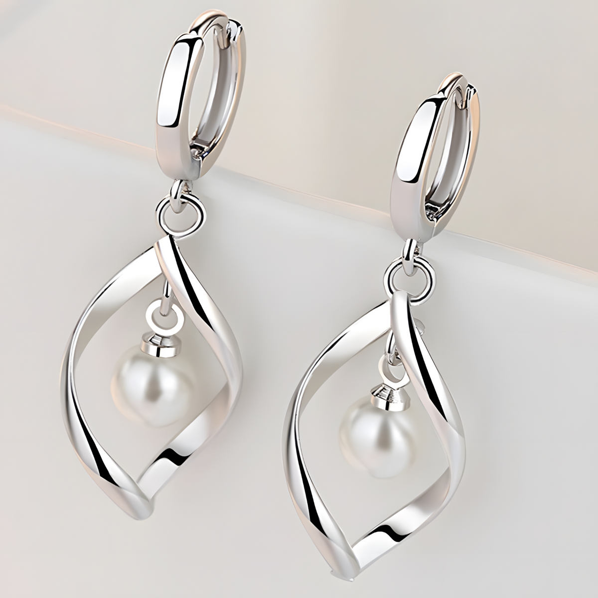 925 Silver-Plated Twisted Hoop Pearl Earrings – Modern Drop Design for Women 929