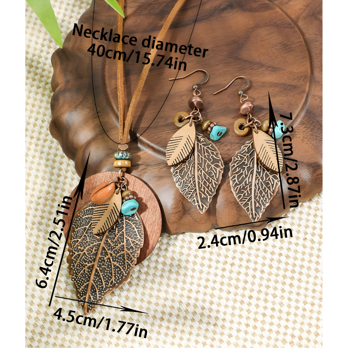 Boho Vintage Leaf Jewellery Set For Women, Layered Round Pendant Necklace 1704
