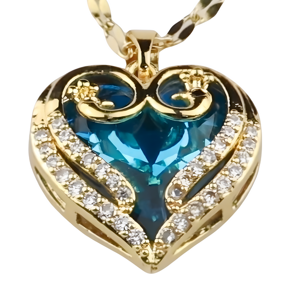 18K Gold Inlaid Cubic Zirconia Heart Pendant Necklace Blue Crystal Heart 1309