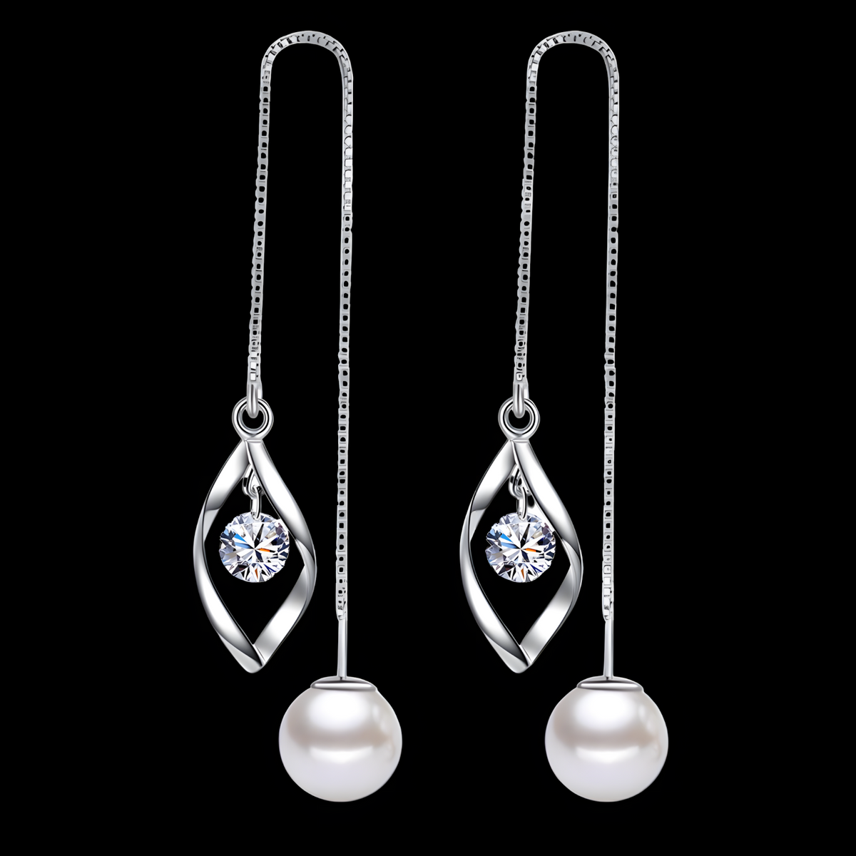 Elegant Pearl Threader Earrings Women Long Drop Chain Earrings Cubic Zircon 1022