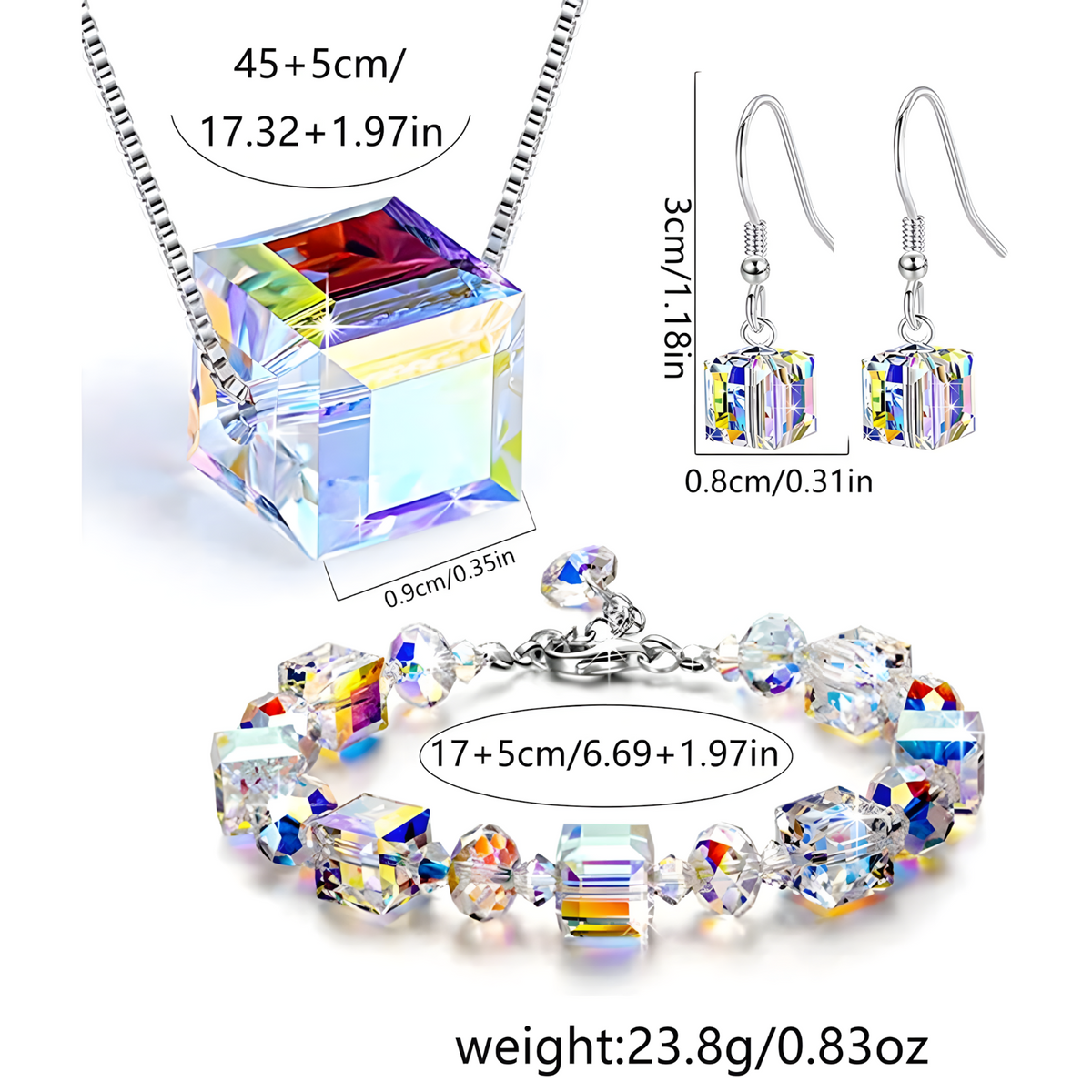 Unified Jewellery 3 Piece Cube Crystal Jewellery Set Women, Aurora Rainbow 1712