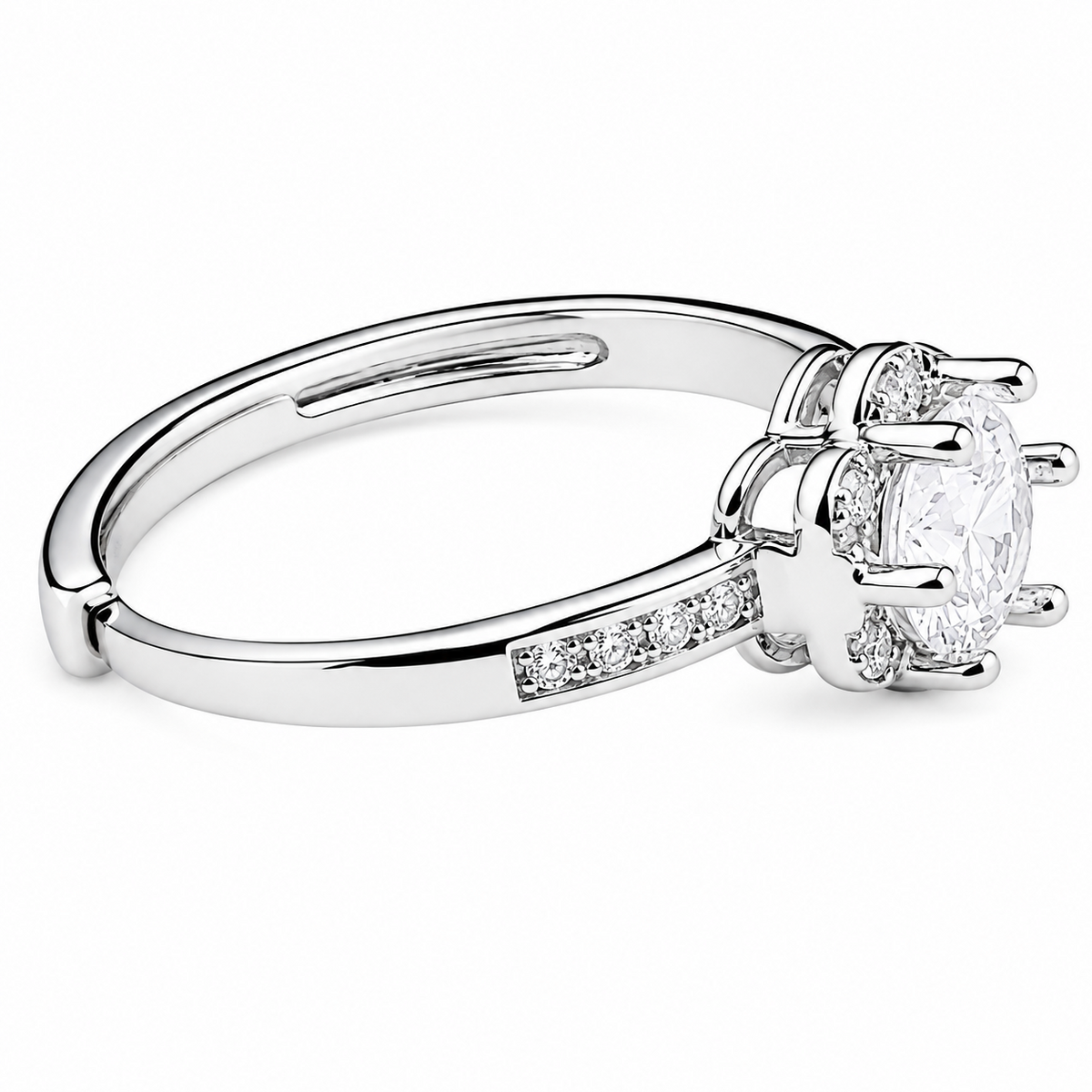 Elegant Adjustable Zircon Halo Ring, Round Brilliant Floral Engagement 1627