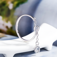 925 Sterling Silver Heart Love Dangle Crystal Adjustable Ring - AAA Zircon 364