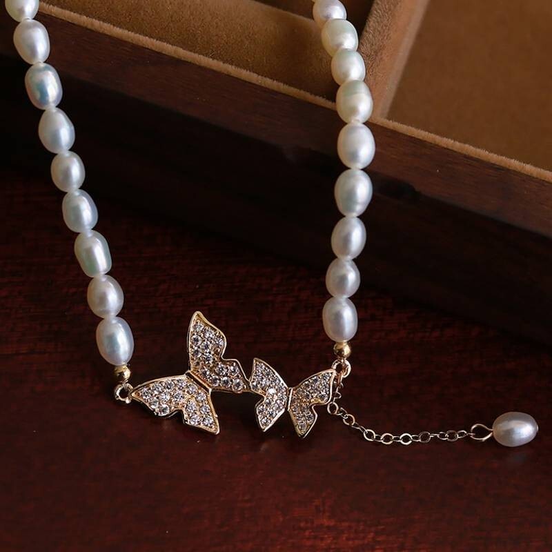 Butterfly Necklace Faux Pearls Beads Elegant Bead Necklace Rhinestones 69 UK